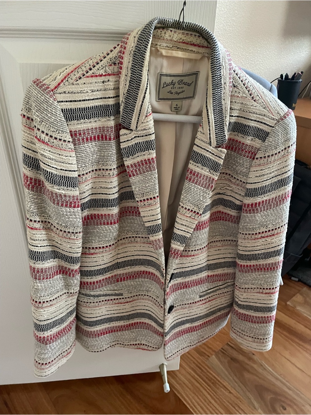 Lucky Brand Cream Striped Knit Blazer with Red & Navy Accents